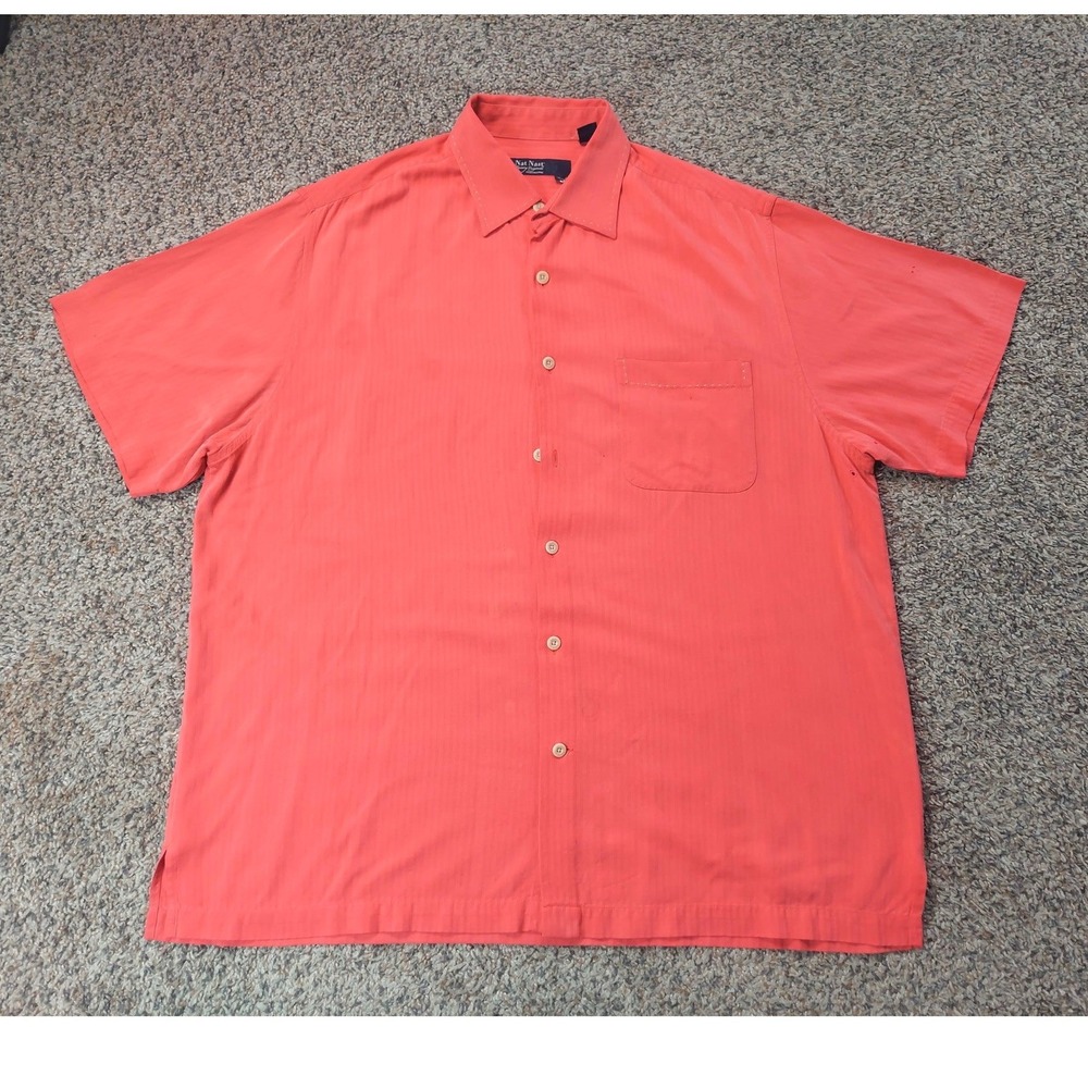 Nat Nast Button Down Men Large Coral 100% Silk Short Sleeve Camp Shirt Textured